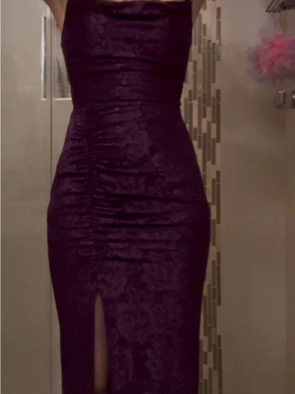 Windsor Purple Velvet Ruched Slit Prom Dress